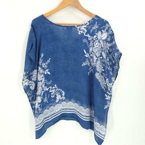 Chicos 100% Linen Floral 2-Way Poncho Top Flowy Boho Blouse Coastal Beach - Picture 3 of 12